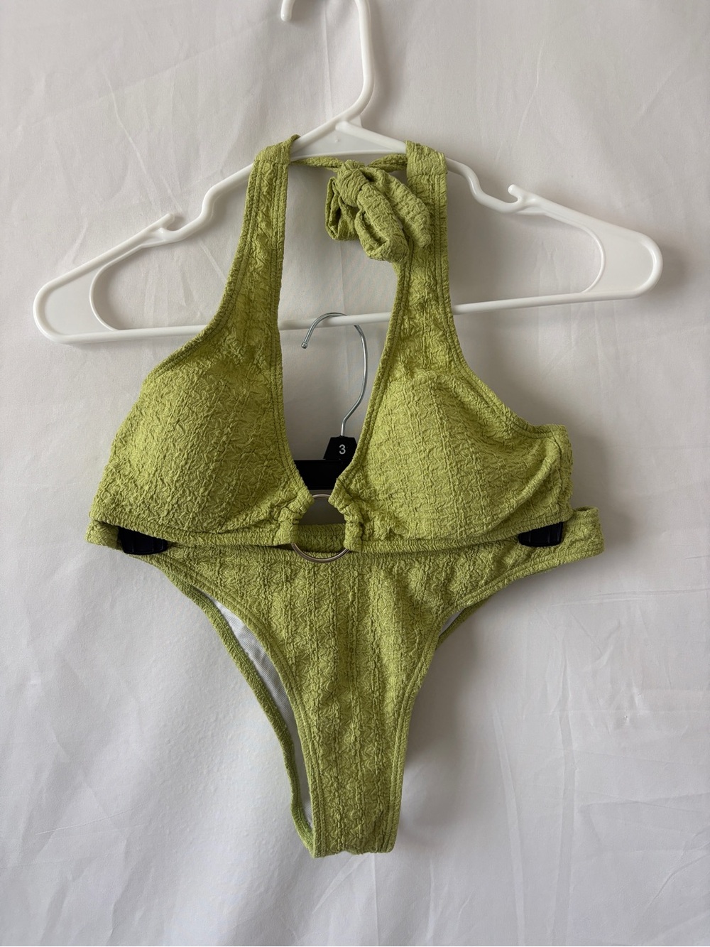 Textured Green Two-Piece Bikini Set with Halter O-Ring Top and Cheeky Bottoms